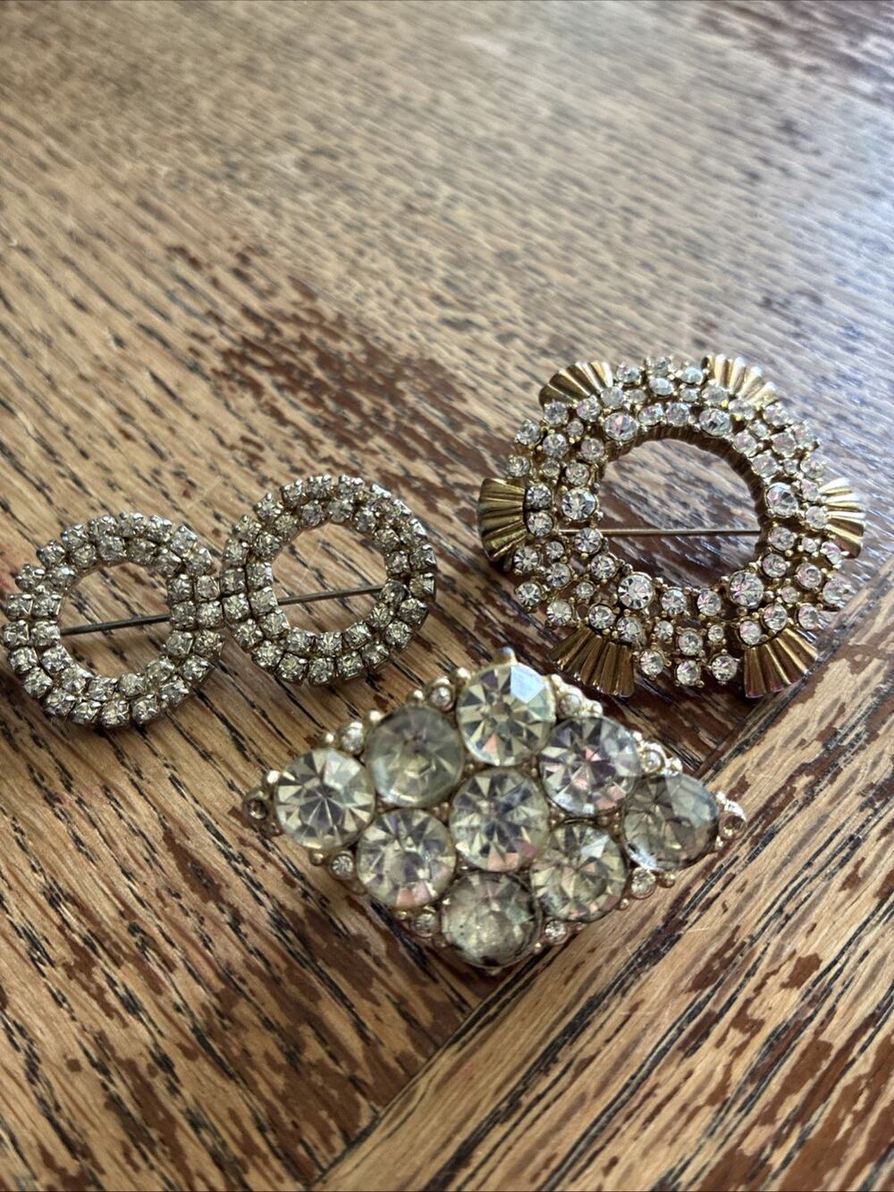 Lot Of 3 Vintage Brooch Pins Crystal Rhinestone Estate Jewelry